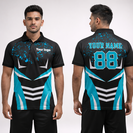 Black - Sky blue Sports Jersey | Customizable Cricket Jersey